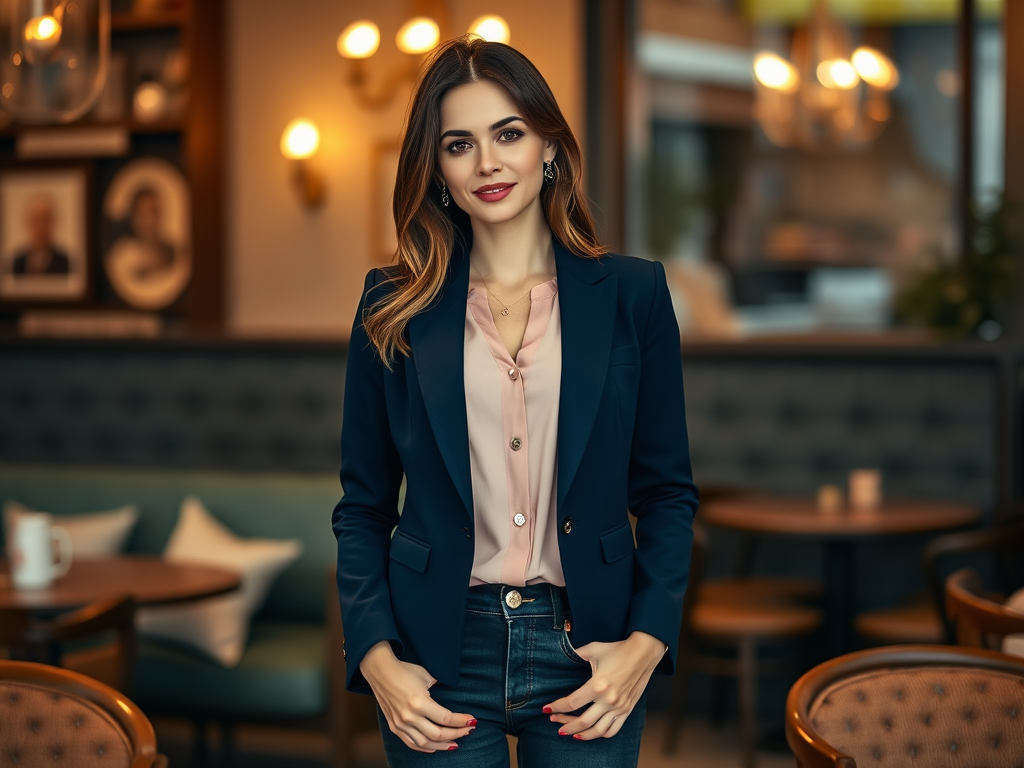 Een vrouw met een stijlvolle blazer en blouse staat glimlachend in een trendy café met bokeh-achtergrond.