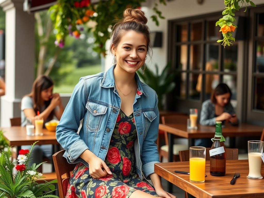 Een vrouw in een bloemenjurk met een spijkerjacket zit aan een tafel in een café, lachend en ontspannen.