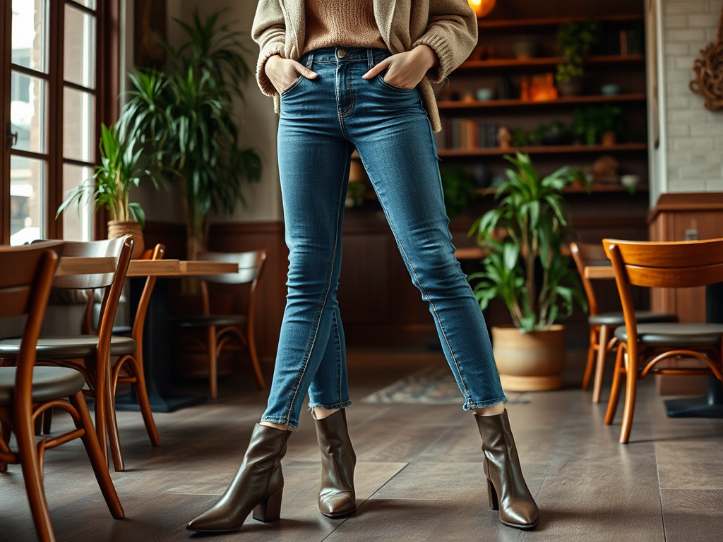 Een vrouw in een café draagt een beige trui, spijkerbroek en hoge laarzen. Planten en meubels zijn zichtbaar.