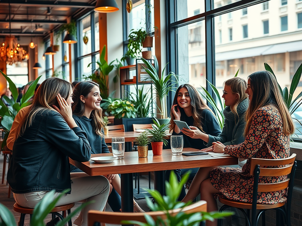 Zes vrouwen zitten rond een tafel in een horecagelegenheid, omgeven door planten en genieten van elkaars gezelschap.