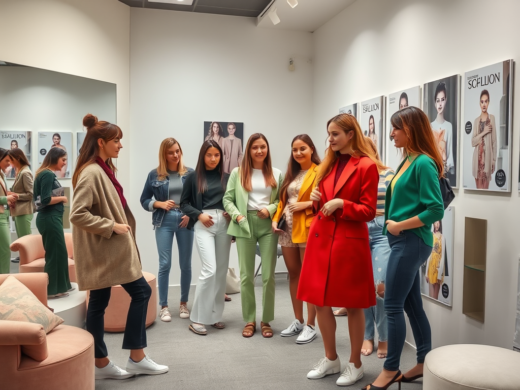 Een groep vrouwen in een modewinkel staat in verschillende outfits voor een spiegel te kijken.