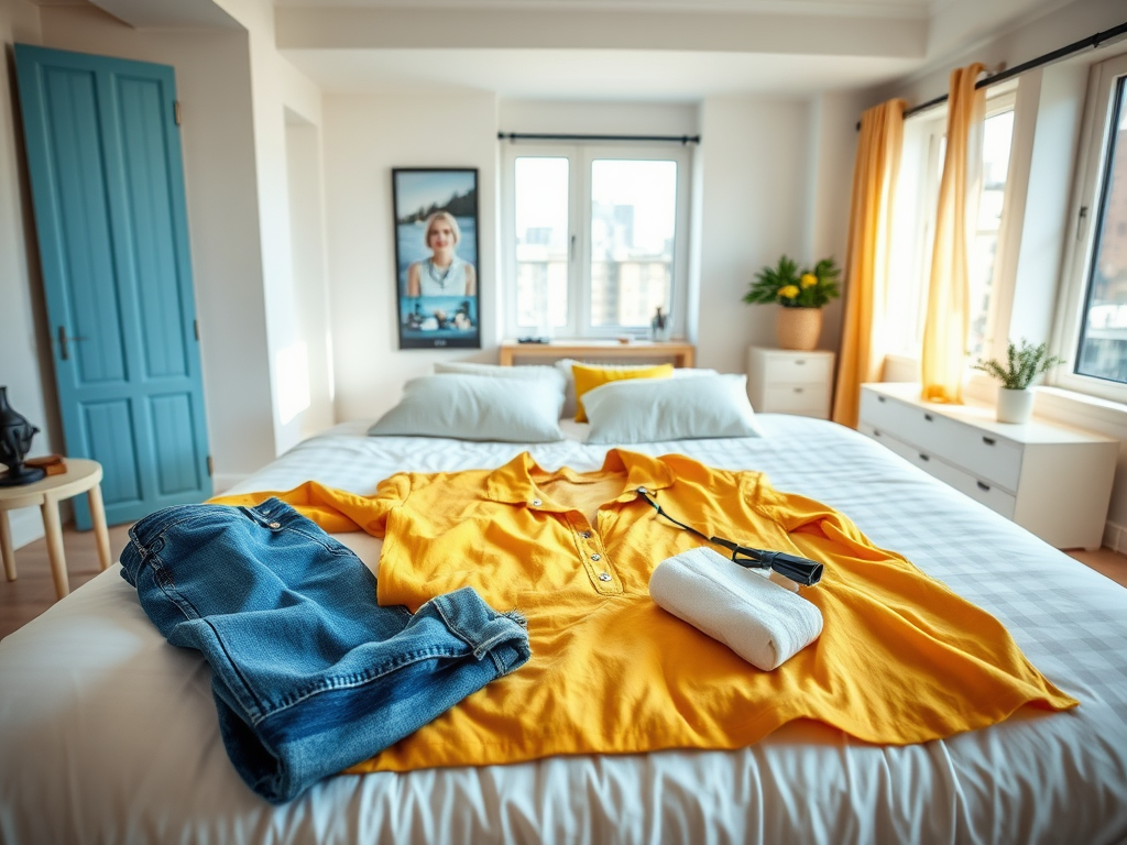 Een gele blouse, een spijkerbroek en een handdoek liggen op een bed in een lichte kamer met grote ramen.