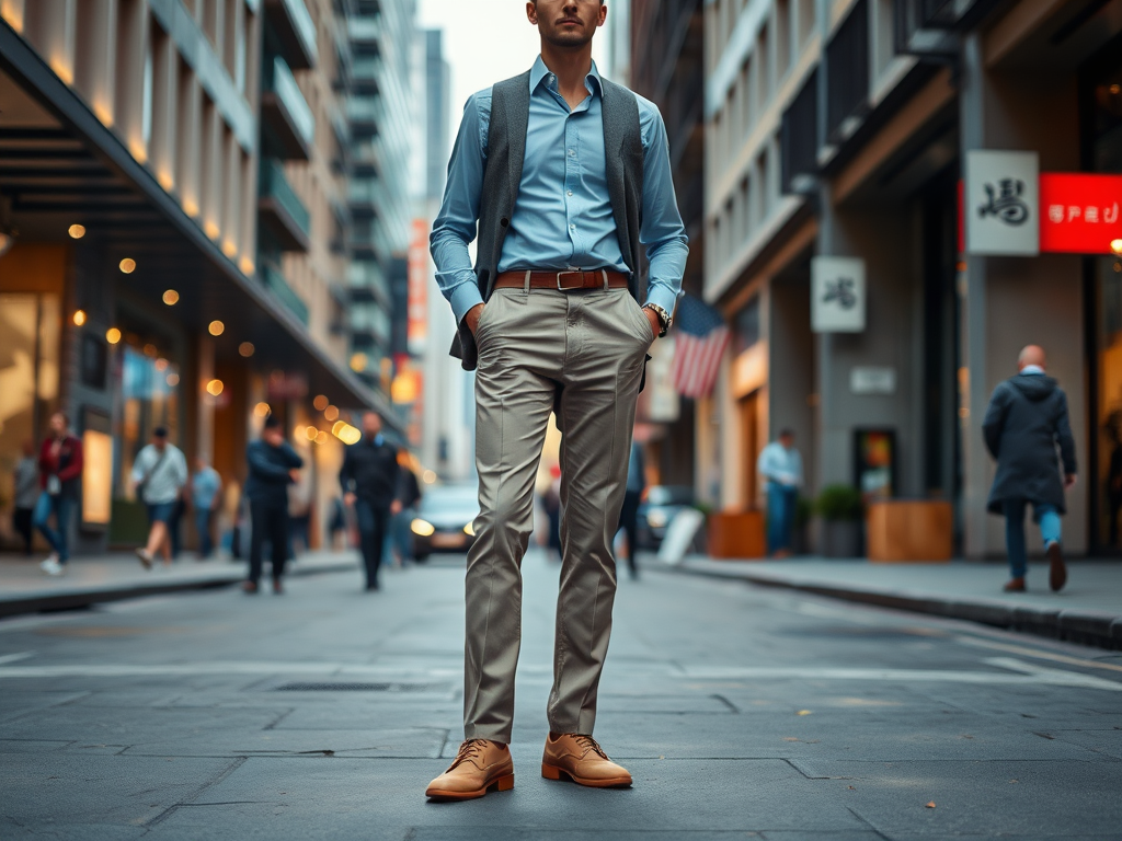 Een man in een nette outfit staat op straat tussen passanten in een stedelijke omgeving.