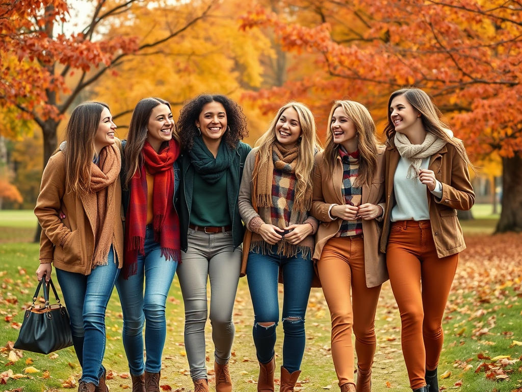 Zes vrouwen wandelen samen in een kleurrijk herfstlandschap, lachen en genieten van de natuur.