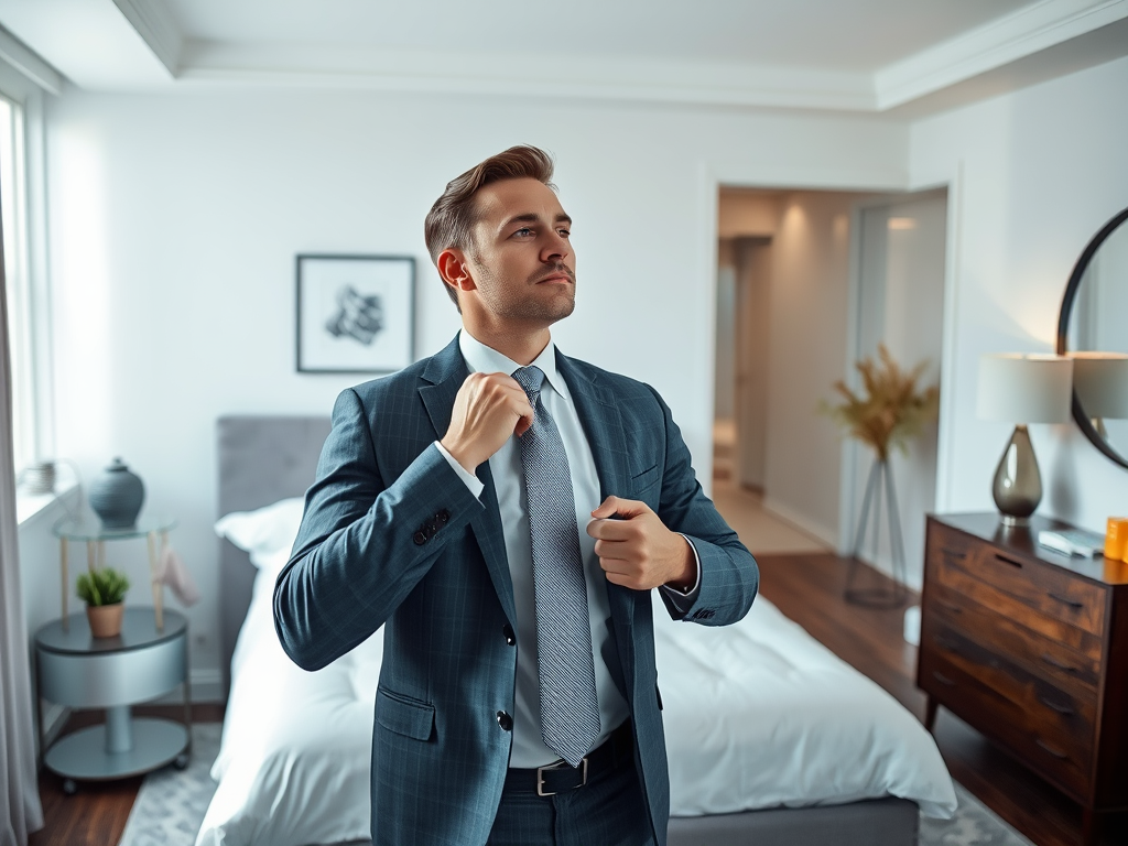 Een man in een net pak staat in een slaapkamer en strijkt zijn stropdas glad.