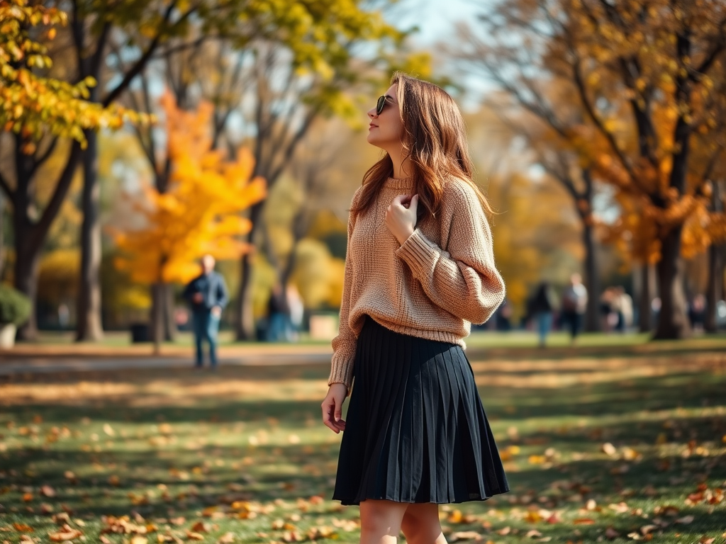 Een jonge vrouw in een oversized trui en een zwarte rok staat in een herfstpark met gele bladeren.