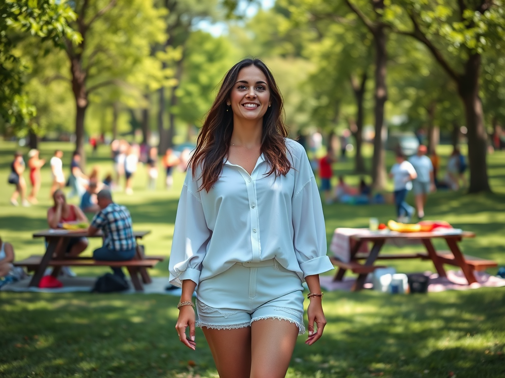 Een vrouw in een witte blouse en shorts loopt door een park vol mensen, omringd door groene bomen.