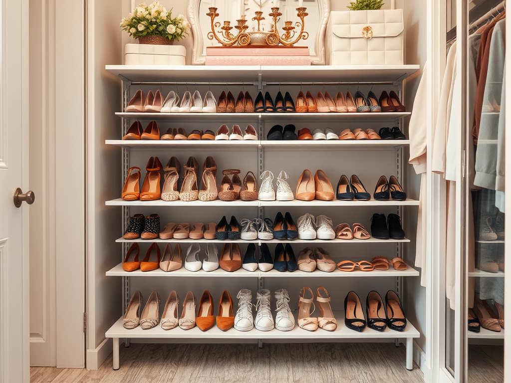 Een schoenenrek met verschillende soorten schoenen, waaronder hoge hakken en sneakers, in een kledingkast.