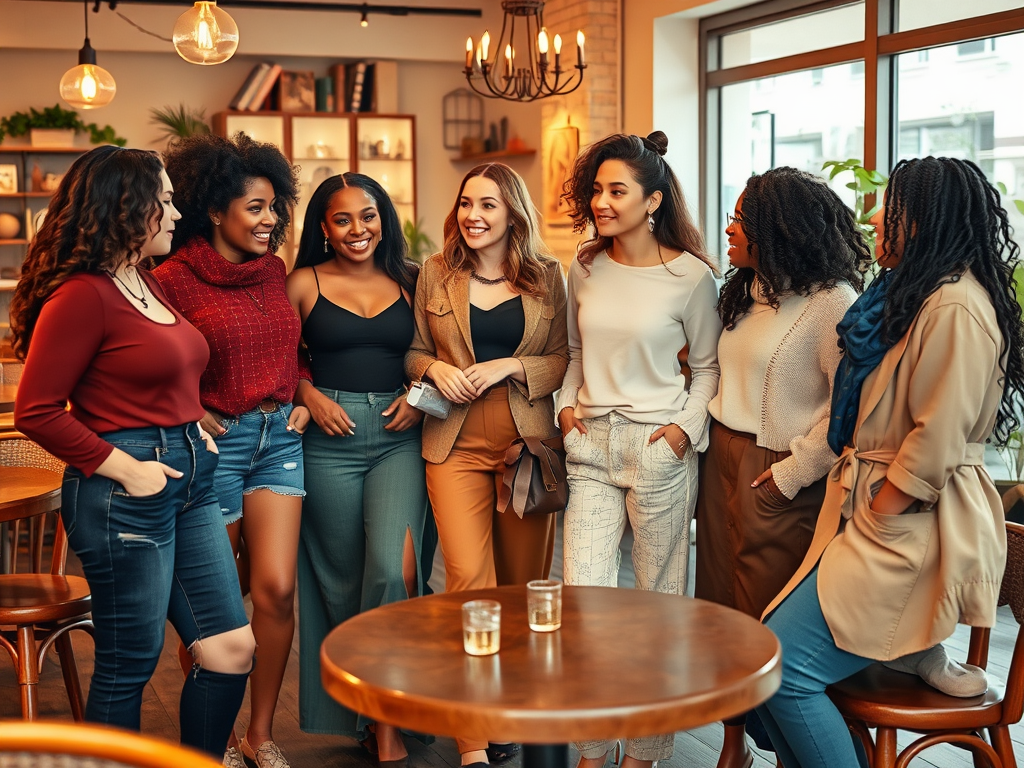 Groep van zeven vrouwen in een café, lachend en met elkaar in gesprek, in verschillende stijlvolle outfits.